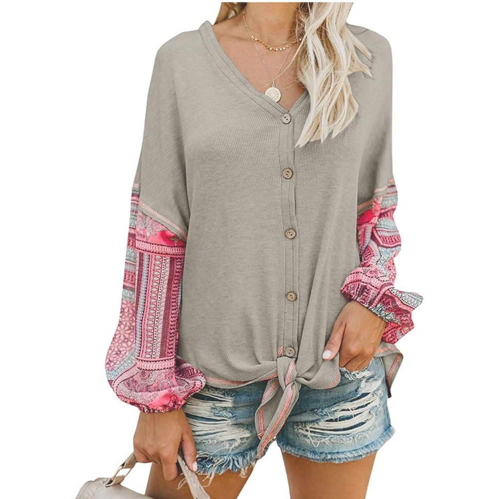 Boho Tie Front Button Down Shirts Thermal Henley